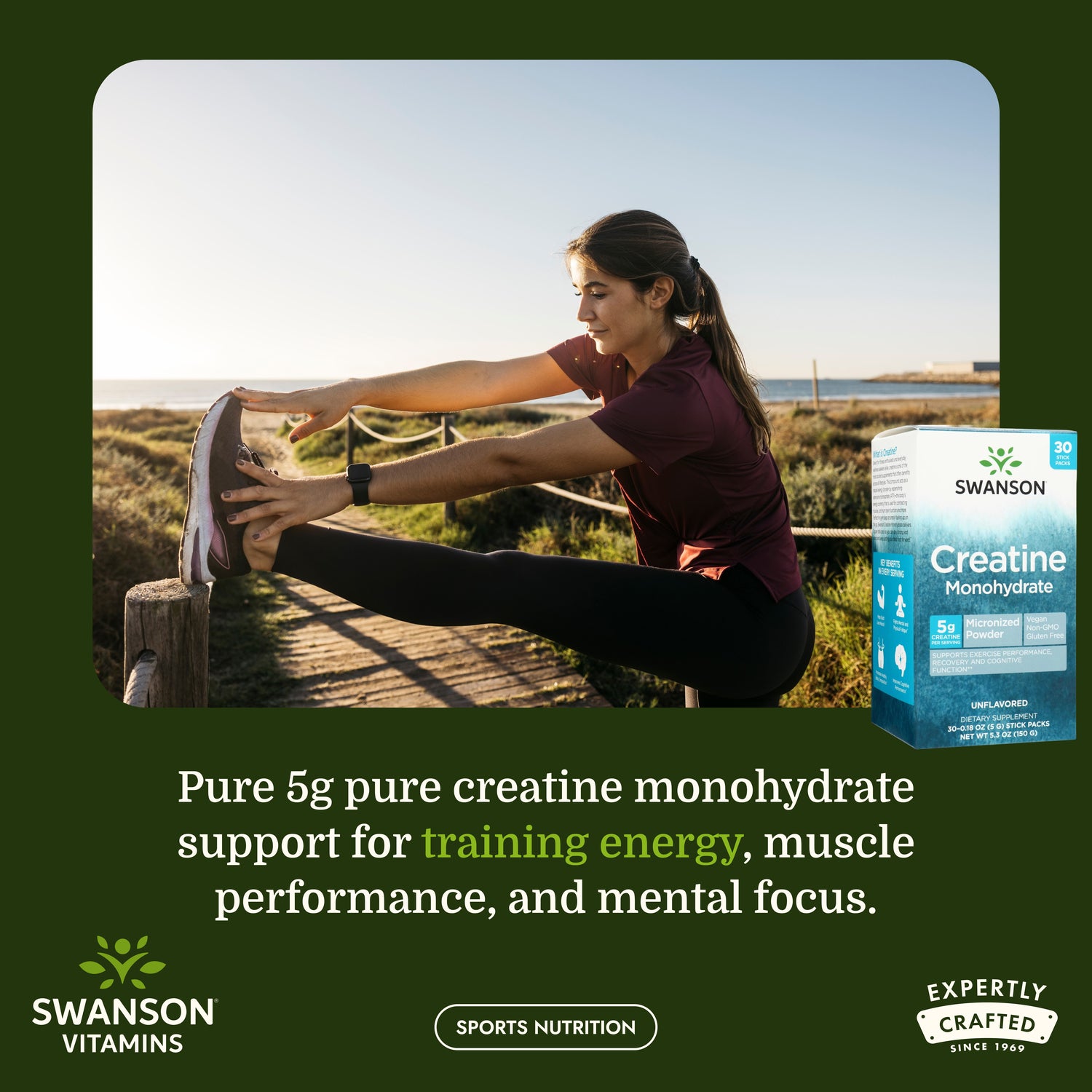 SW1967 | Woman stretching outdoors beside Swanson Creatine Monohydrate packaging with training energy messaging