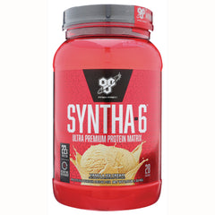 BSN008 | Red tub of SYNTHA-6 protein powder, vanilla ice cream flavor, front label showing 22g protein and 28 servings