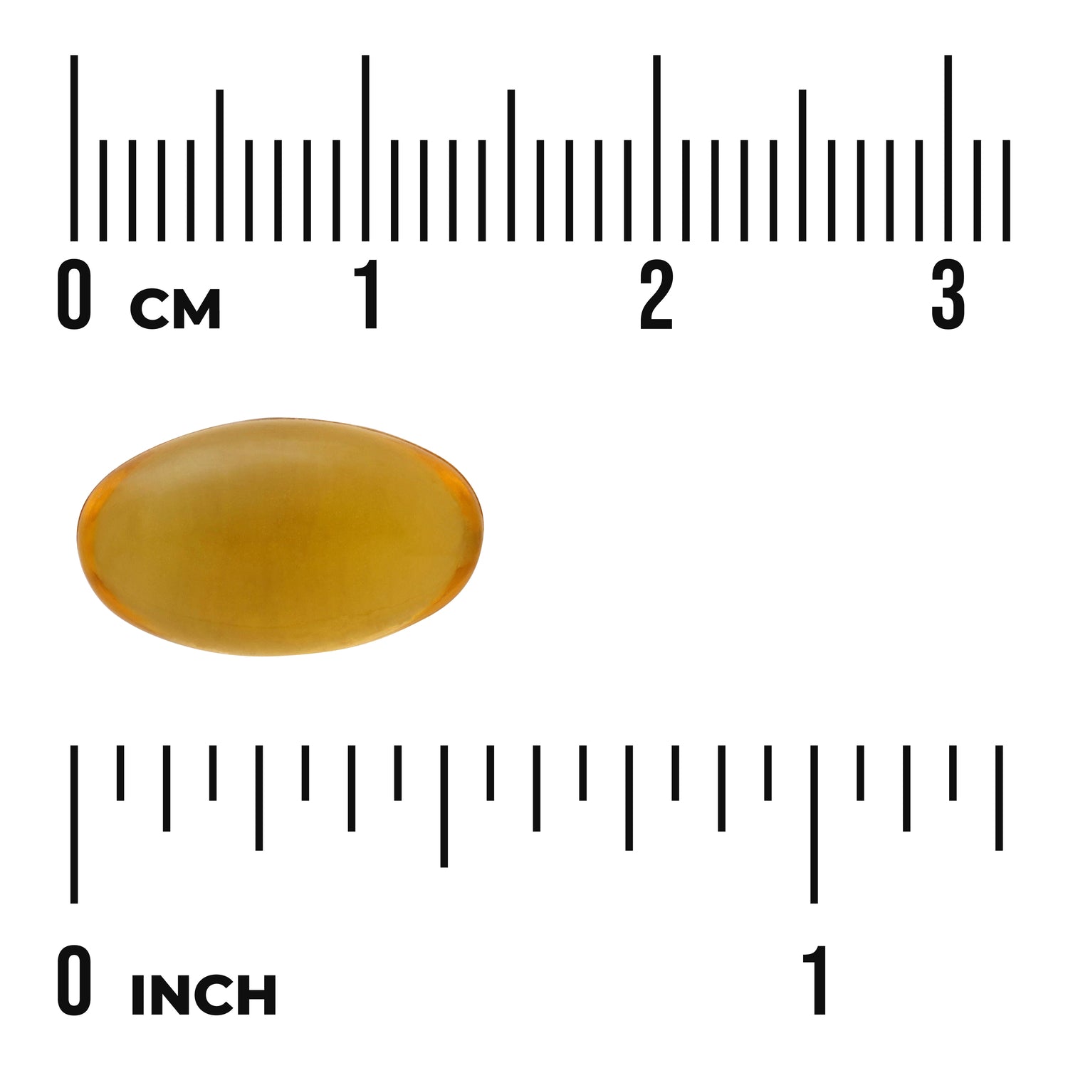 SWH222 | Amber oval softgel capsule next to centimeter and inch rulers showing size