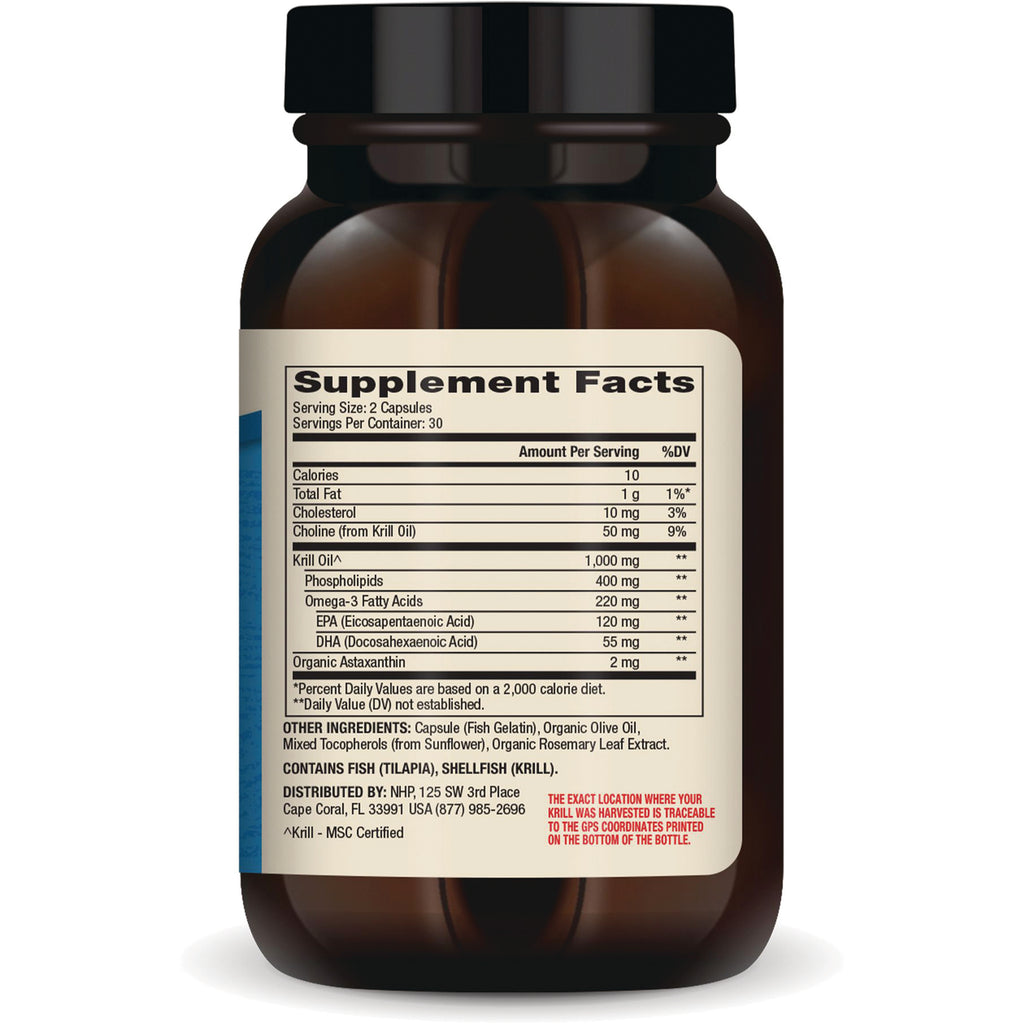 MRC039 | Supplement Facts panel on brown bottle showing serving size, krill oil amounts and other ingredients - Thumbnail