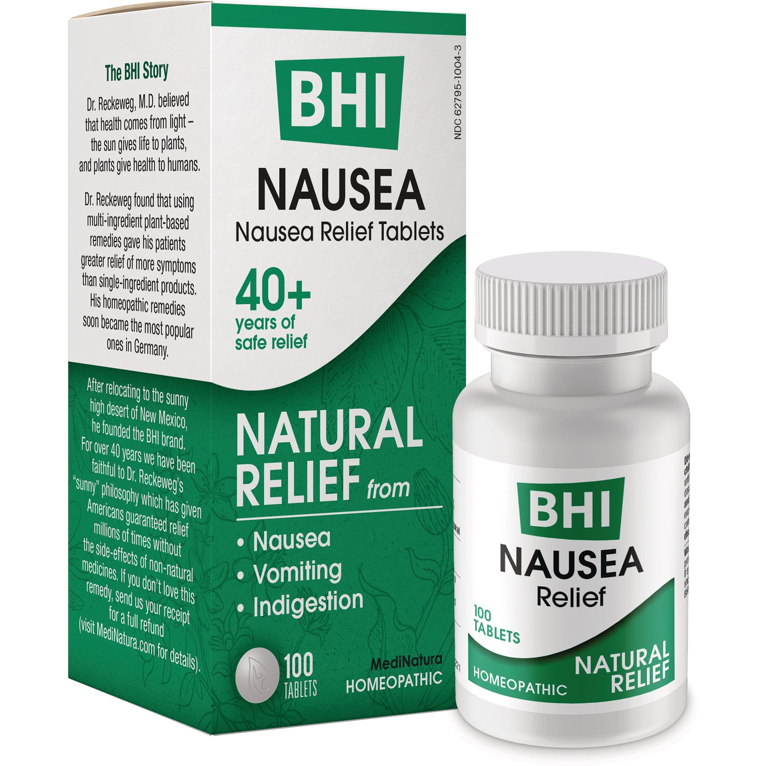 MNA038 | BHI Nausea relief tablets box labeled Natural Relief from nausea, vomiting, indigestion, 100 tablets
