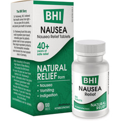 MNA038 | BHI Nausea relief tablets box labeled Natural Relief from nausea, vomiting, indigestion, 100 tablets
