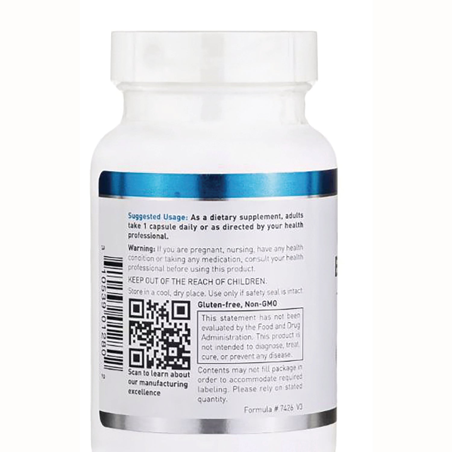 DGL061 | Back label of white supplement bottle showing suggested usage, warning, barcode and QR code