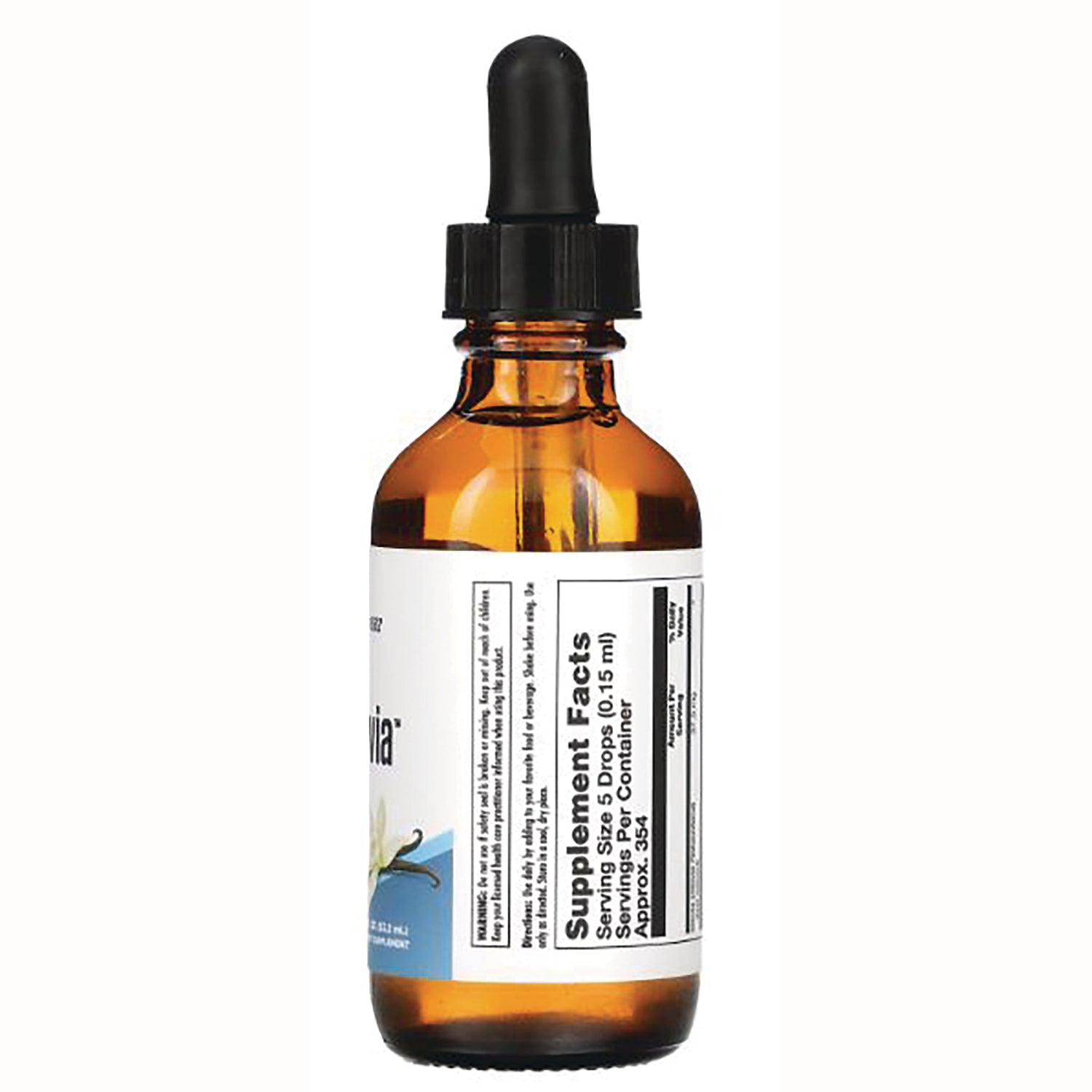 KL531 | Amber glass dropper bottle showing back label with Supplement Facts panel and dosage info