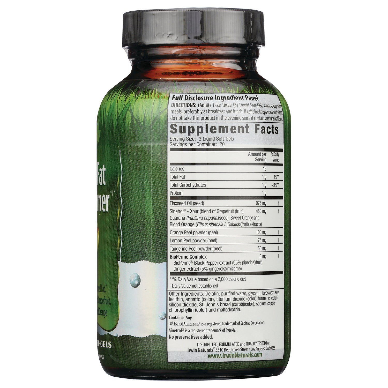 IR223 | Back of amber supplement bottle showing Supplement Facts panel and ingredient list