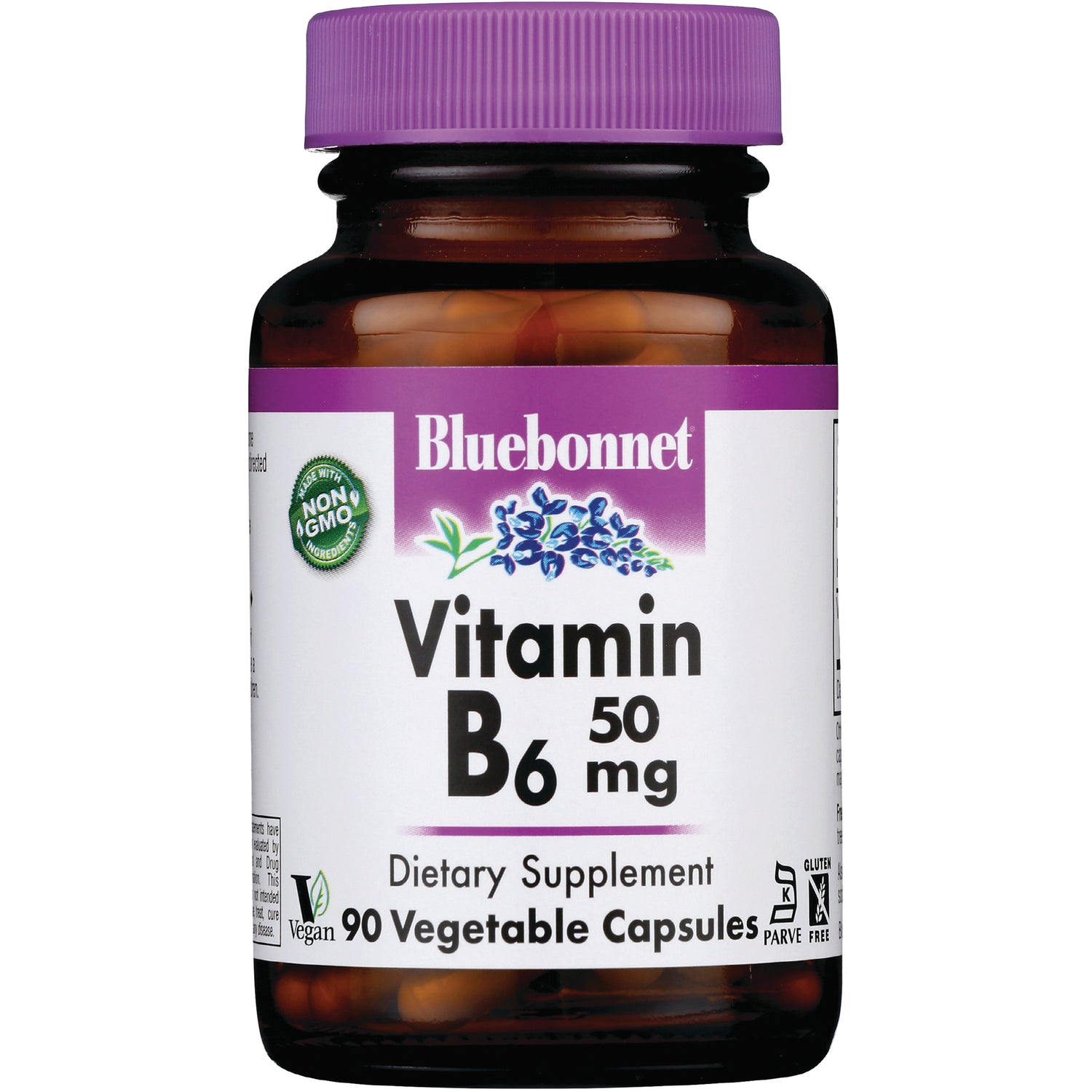 BLU123 | Bluebonnet Vitamin B6 50 mg bottle with purple cap, 90 vegetable capsules