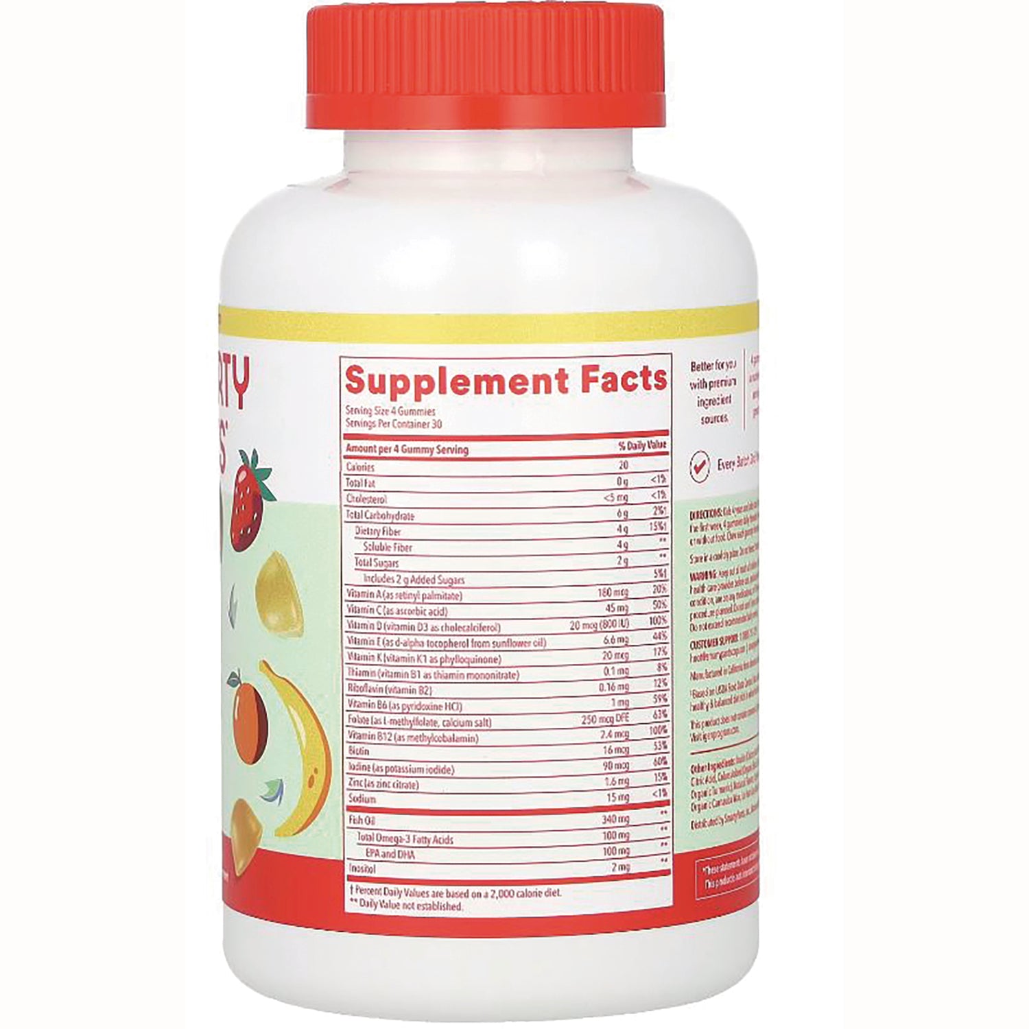 SMA001 | Back of white supplement bottle showing Supplement Facts panel and fruit illustrations