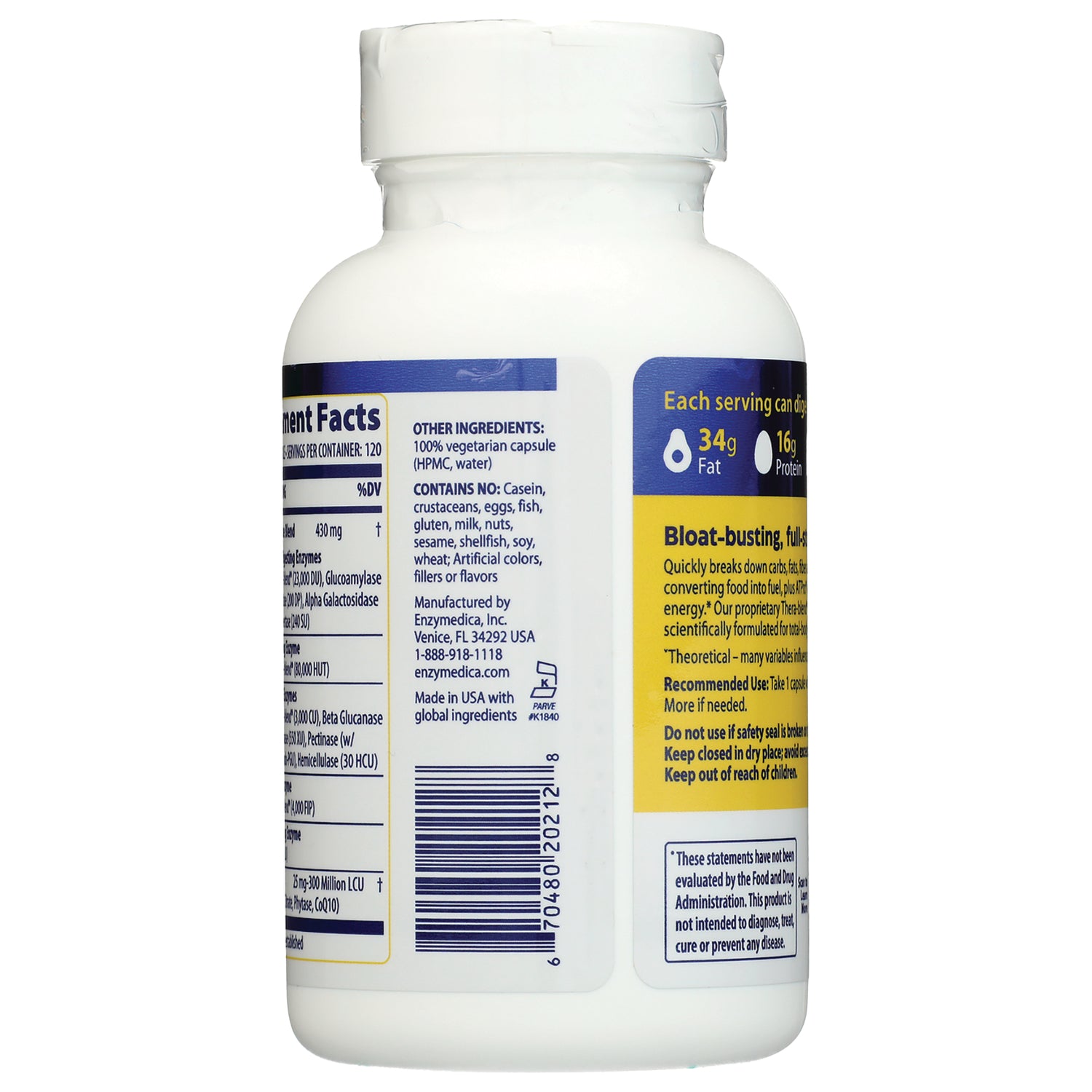 EMD010 | Back of white supplement bottle showing nutrition facts, barcode, allergen information, and Bloat-busting product panel