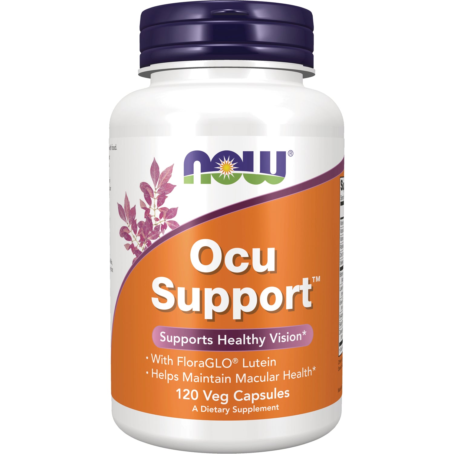 NWF423 | NOW Ocu Support dietary supplement bottle with orange label, 120 Veg Capsules