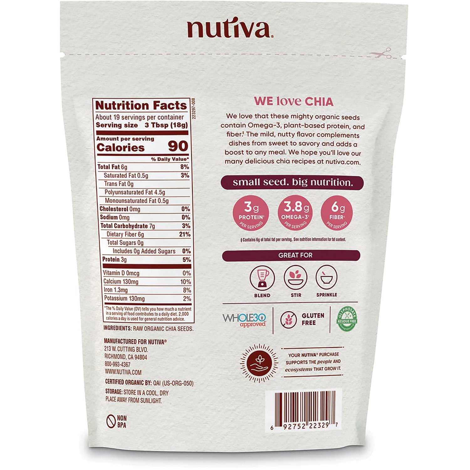 NTV032 | back of Nutiva chia seeds pouch showing Nutrition Facts panel, serving size, and certifications