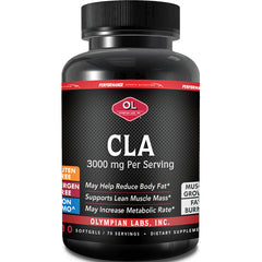 OL045 | Black supplement bottle labeled CLA 3000 mg per serving, Olympian Labs