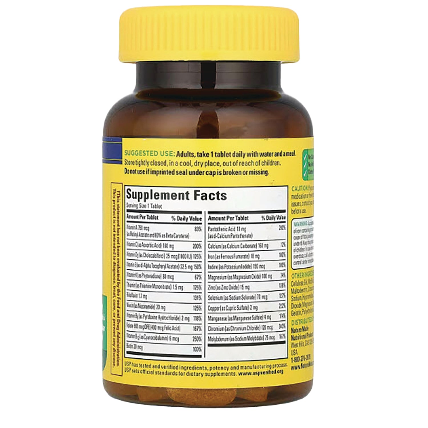 NTM043 | Brown supplement bottle with yellow cap showing Supplement Facts panel and suggested use text on back label