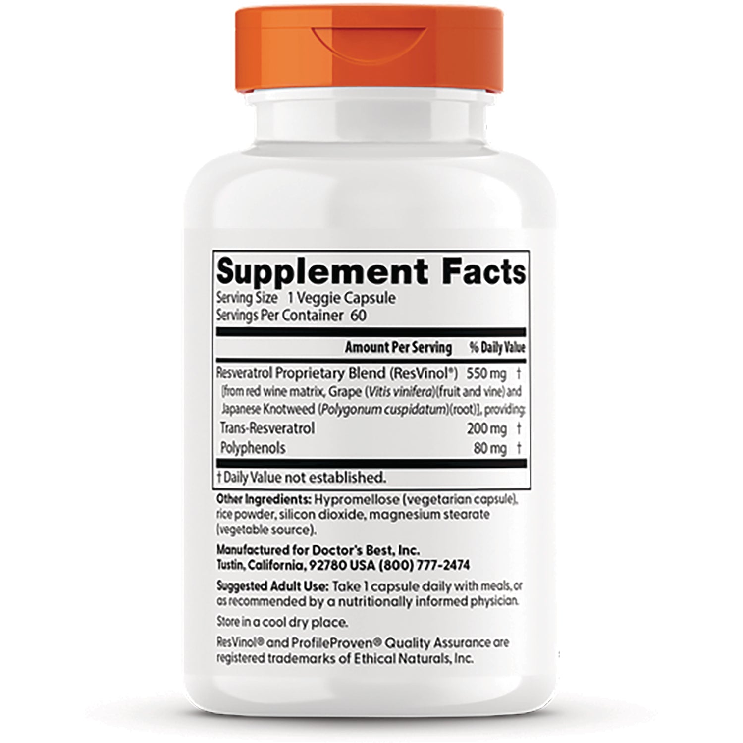 DB146 | back label of white supplement bottle showing Supplement Facts panel, serving size, ingredients and manufacturer info