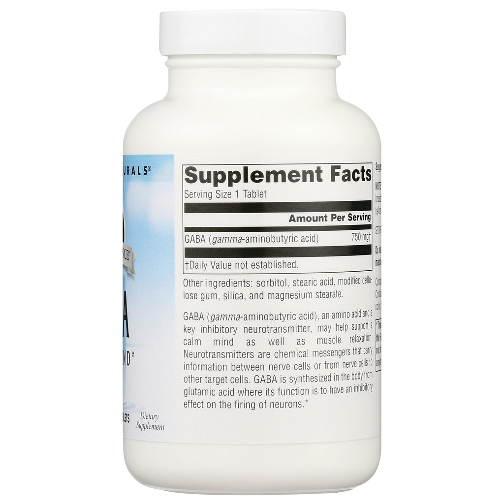 SN290 | Supplement Facts panel showing serving size 1 tablet and GABA (gamma-aminobutyric acid) 750 mg - Thumbnail