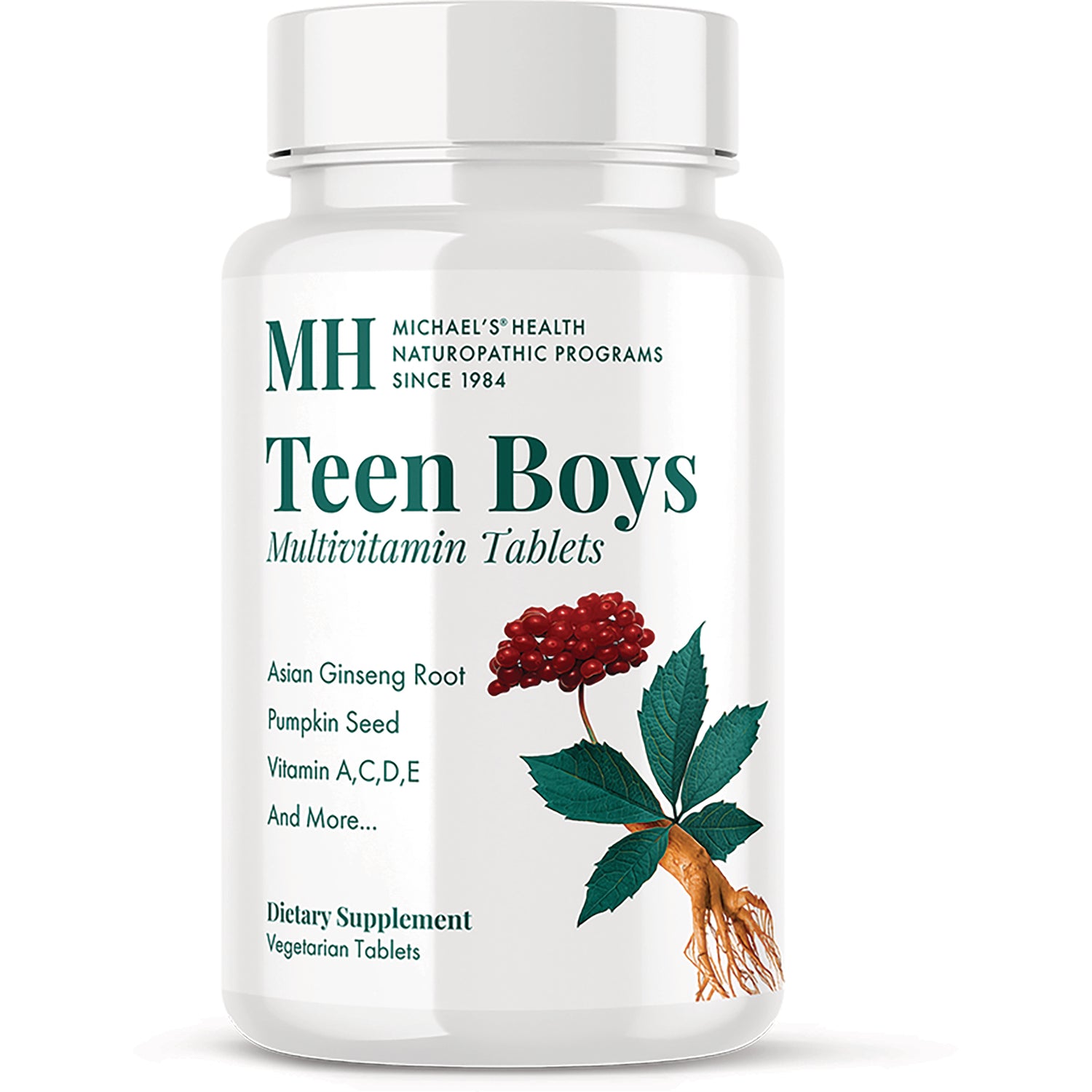 MNP016 | Teen Boys Multivitamin Tablets bottle with MH branding and botanical root illustration