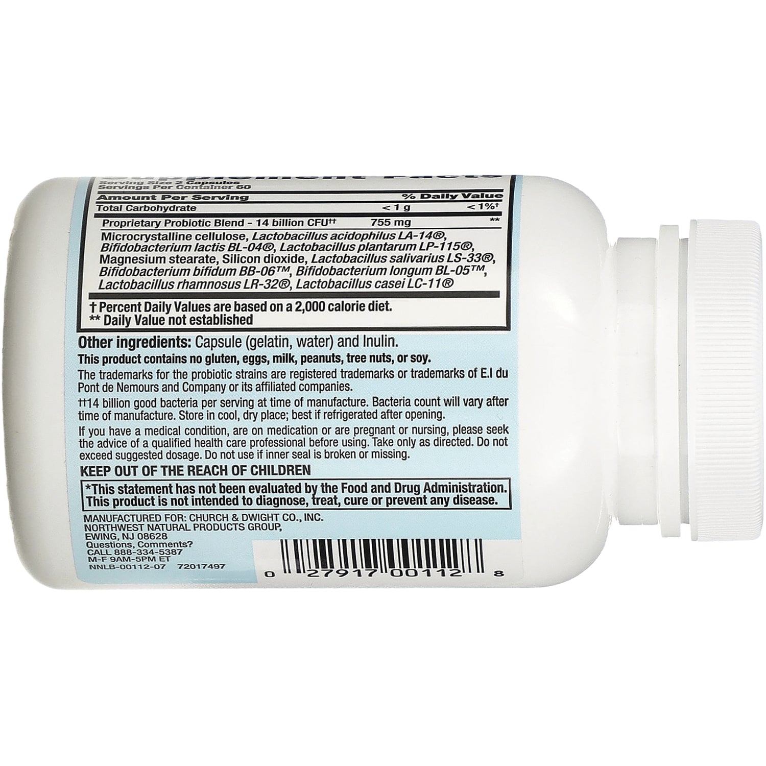 NTN010 | Back label of white supplement bottle showing supplement facts, ingredients, warnings, and barcode