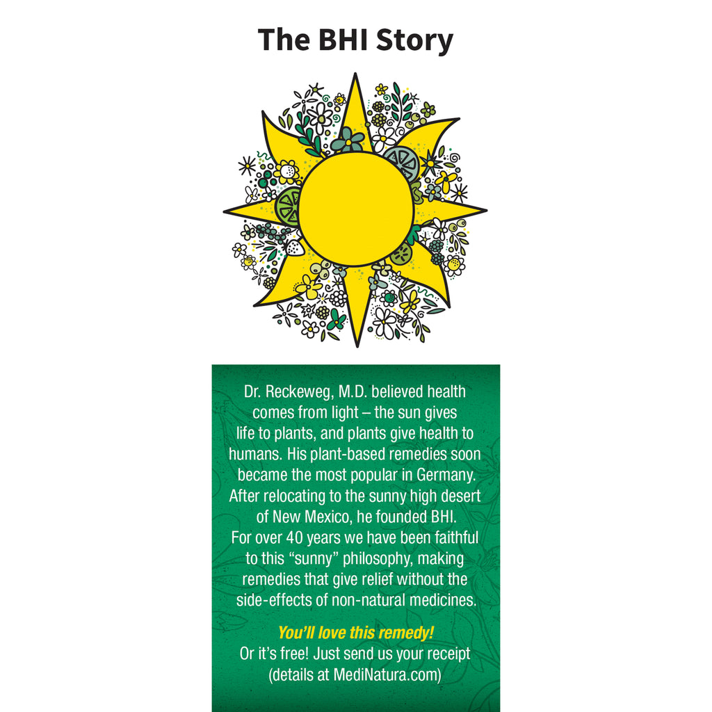 MNA029 | side panel reading The BHI Story with copy about Dr. Reckeweg and BHI brand history on green and white background - Thumbnail