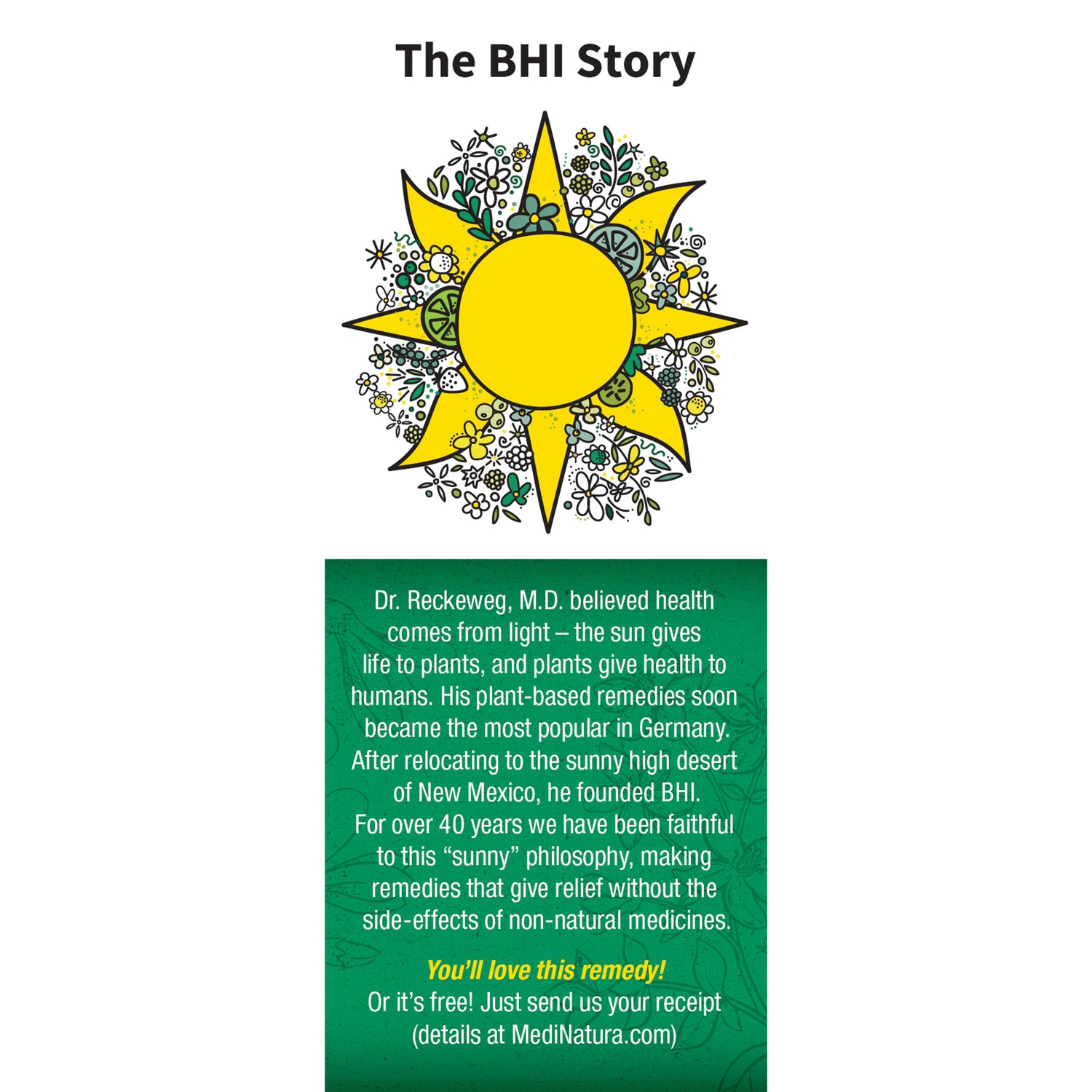 MNA029 | side panel reading The BHI Story with copy about Dr. Reckeweg and BHI brand history on green and white background