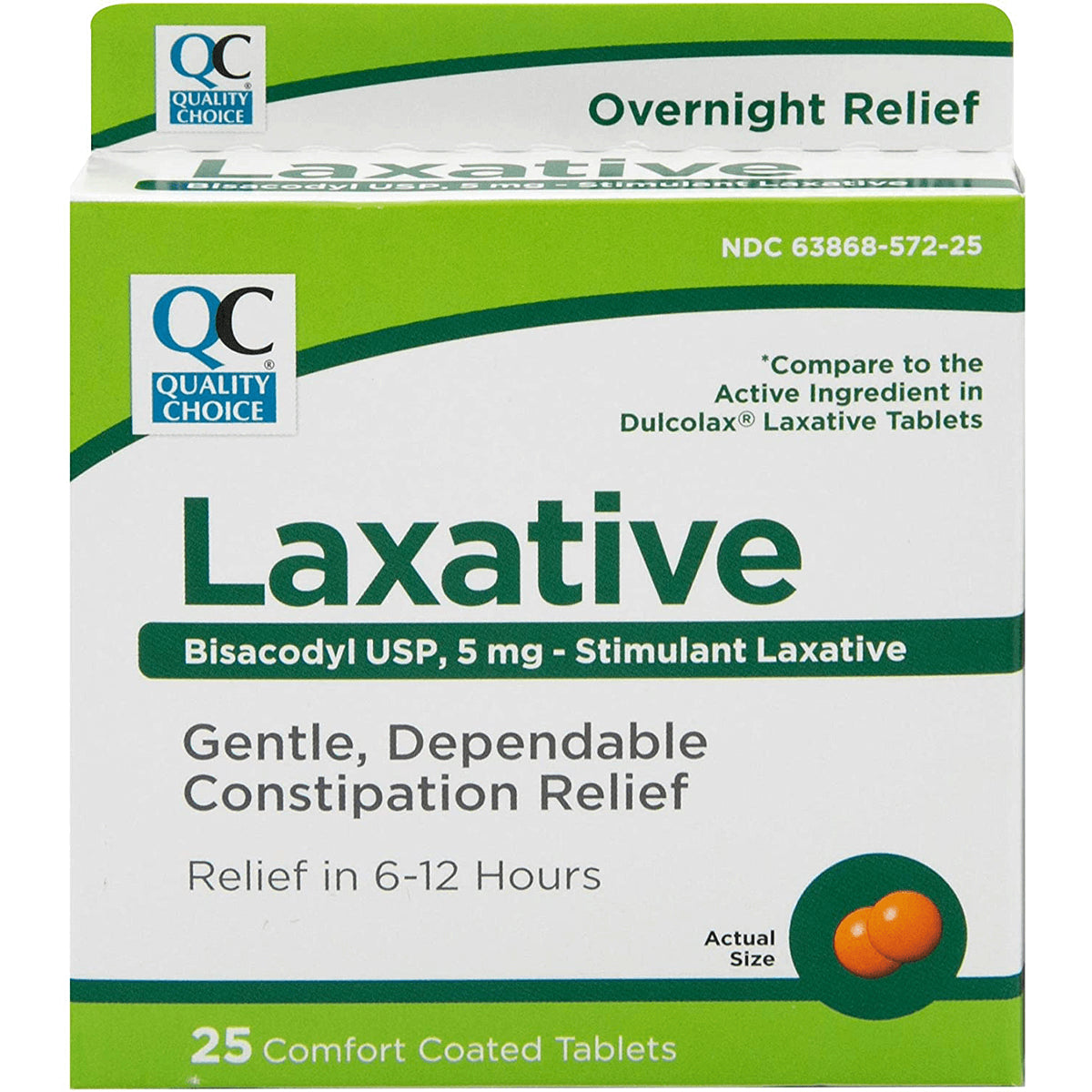 QCH030 | Quality Choice Laxative box front showing Bisacodyl USP 5 mg, 25 comfort-coated tablets and Gentle, Dependable Constipation Relief