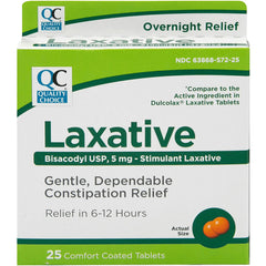QCH030 | Quality Choice Laxative box front showing Bisacodyl USP 5 mg, 25 comfort-coated tablets and Gentle, Dependable Constipation Relief