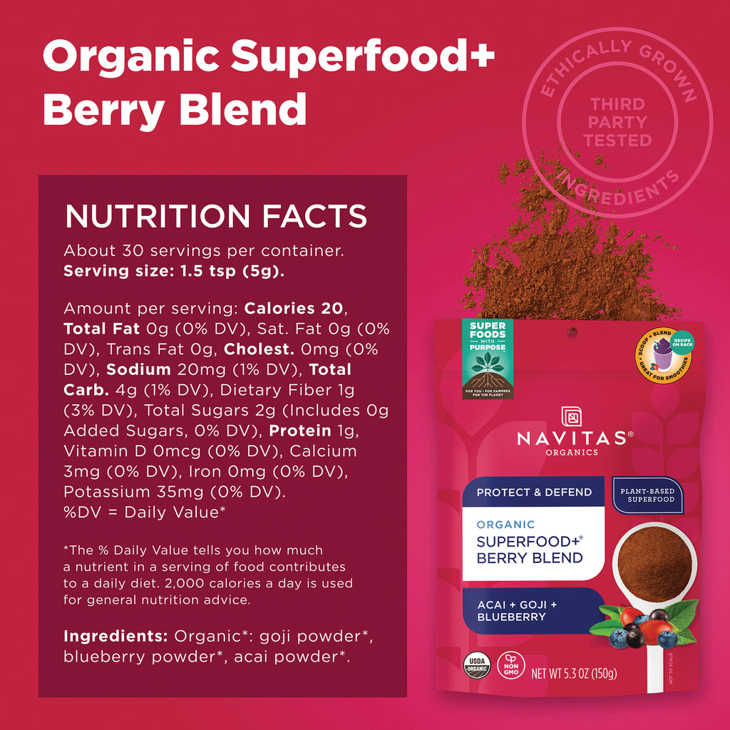 NAV072 | Product infographic showing nutrition facts and Navitas Organics Superfood+ Berry Blend pouch - Thumbnail