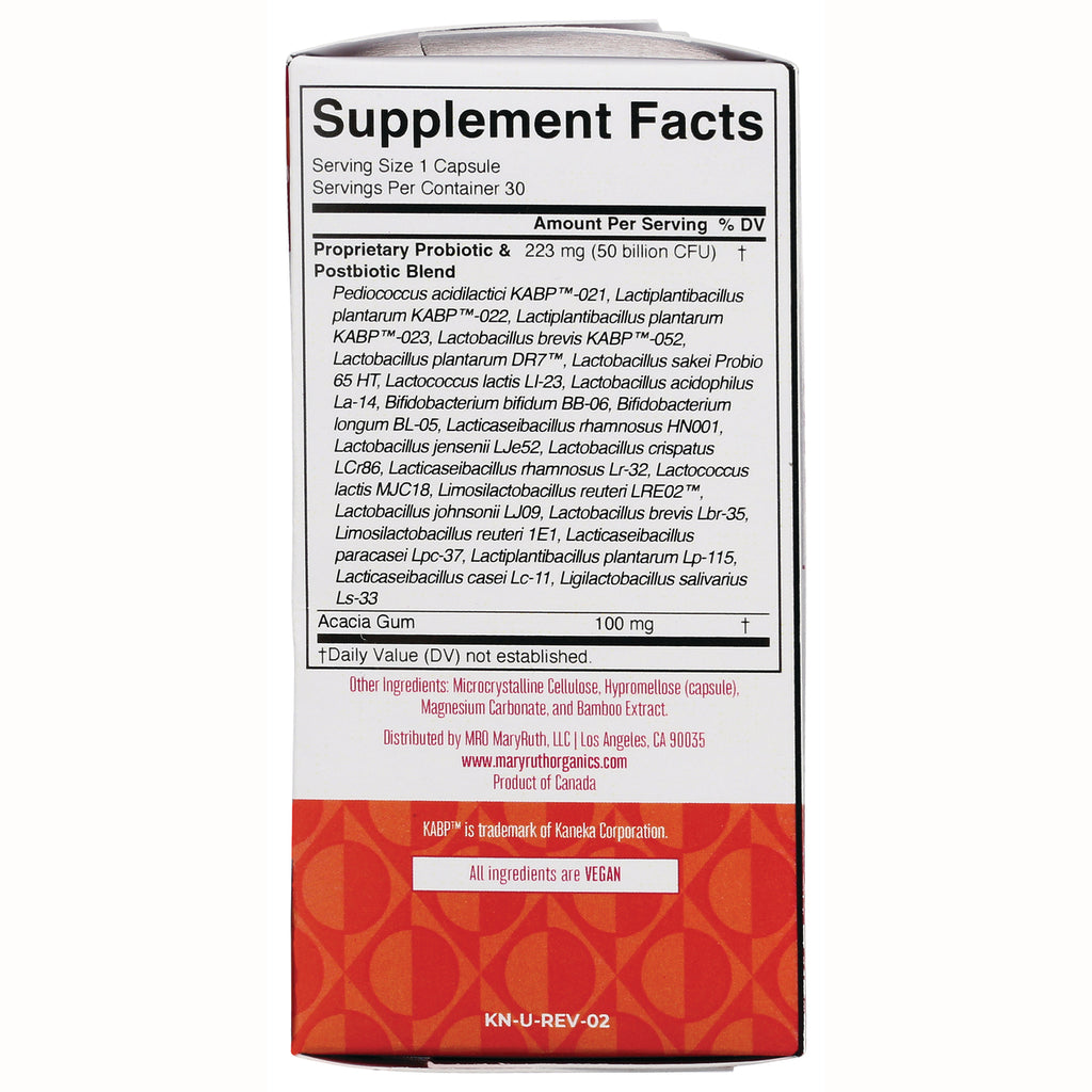 MRR028 | Back of supplement box showing Supplement Facts panel with probiotic strains, Acacia Gum 100 mg, and vegan label - Thumbnail