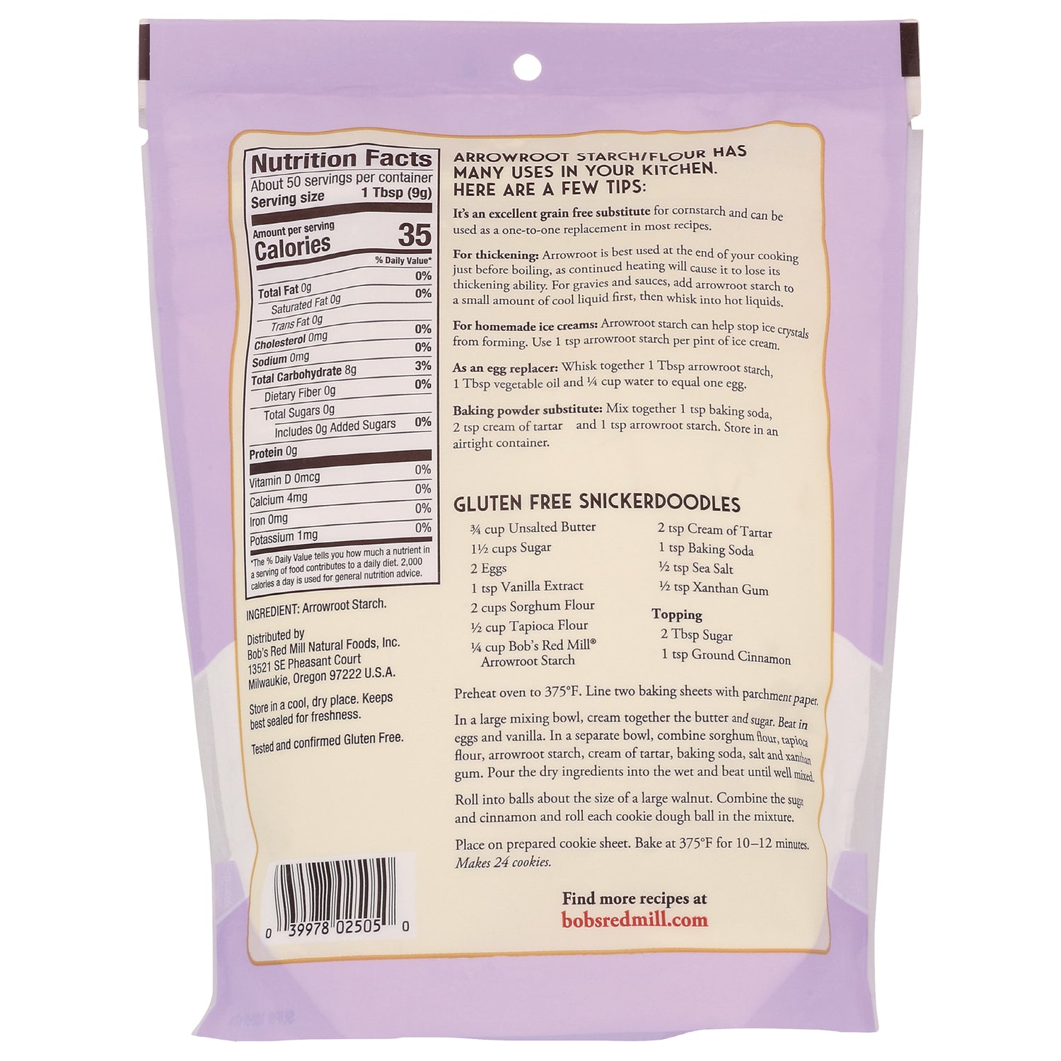 BOB291 | back of lavender package showing nutrition facts, ingredient list and gluten free snickerdoodles recipe