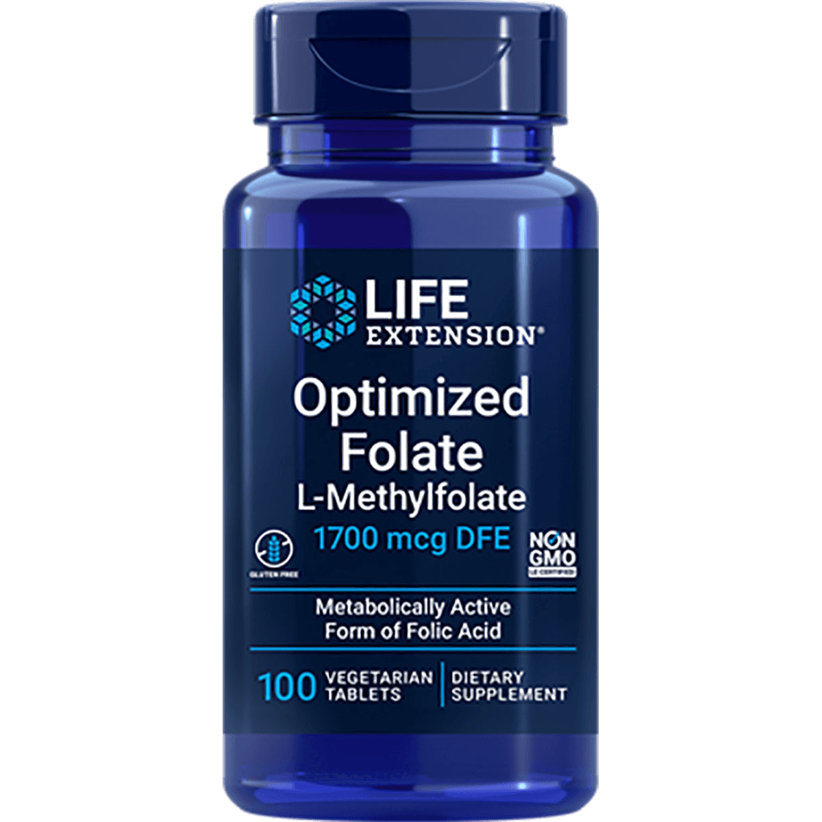 LE284 | Blue Life Extension bottle labeled Optimized Folate L-Methylfolate 1700 mcg DFE, 100 vegetarian tablets