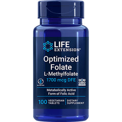 LE284 | Blue Life Extension bottle labeled Optimized Folate L-Methylfolate 1700 mcg DFE, 100 vegetarian tablets