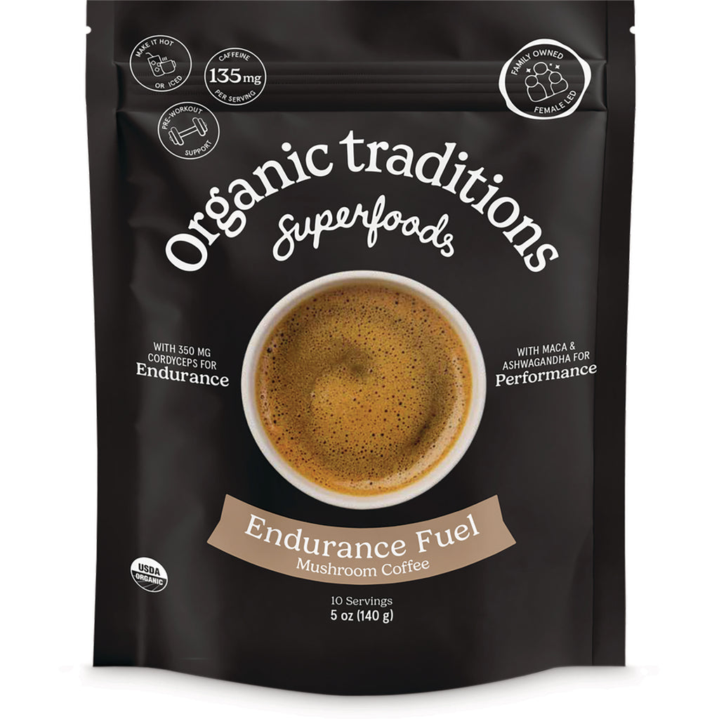 OTR104 | Organic Traditions Superfoods Endurance Fuel mushroom coffee front pouch with cup of coffee and USDA Organic badge - Thumbnail