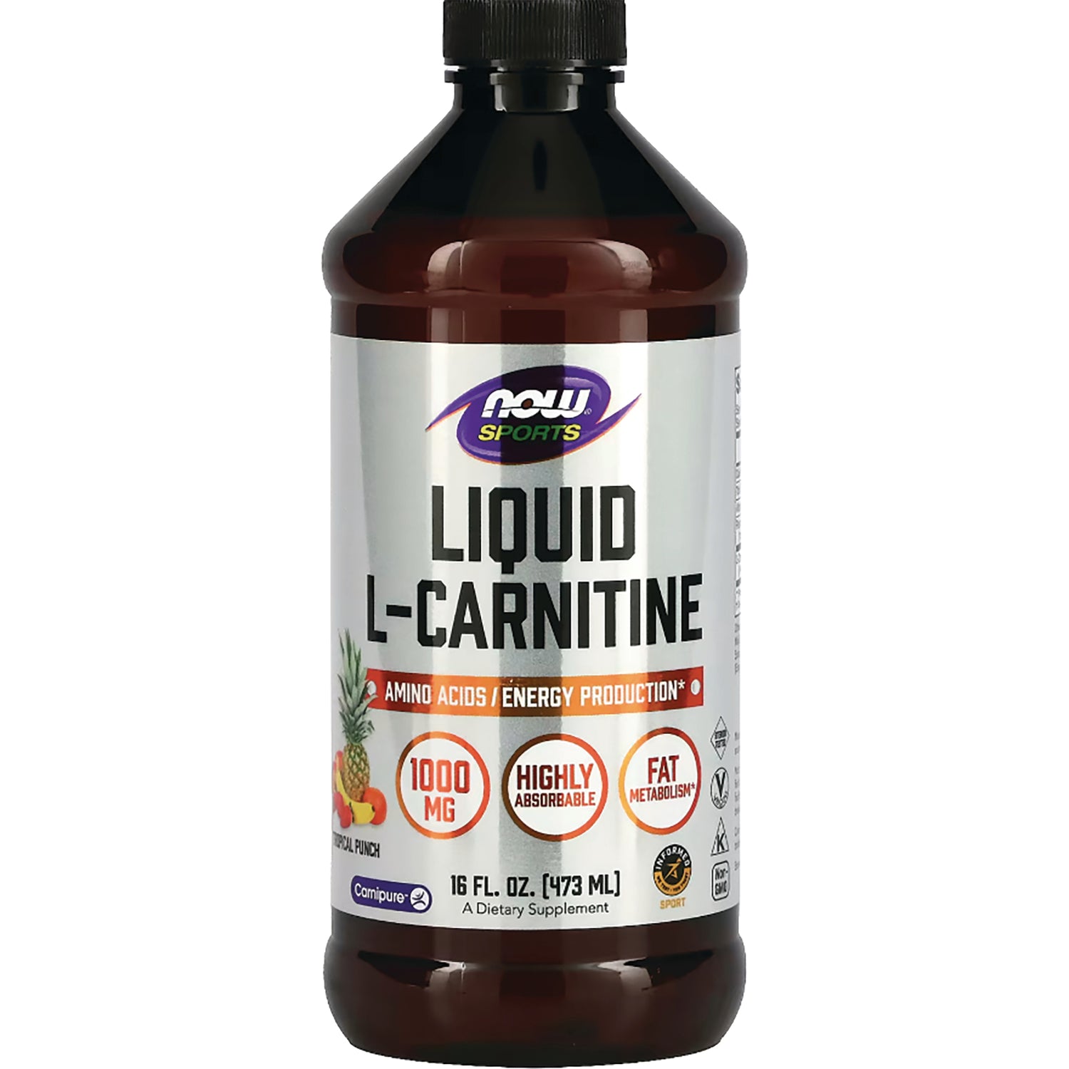 NWF762 | NOW Sports Liquid L-Carnitine 16 fl oz bottle, tropical punch flavor, 1000 mg, highly absorbable