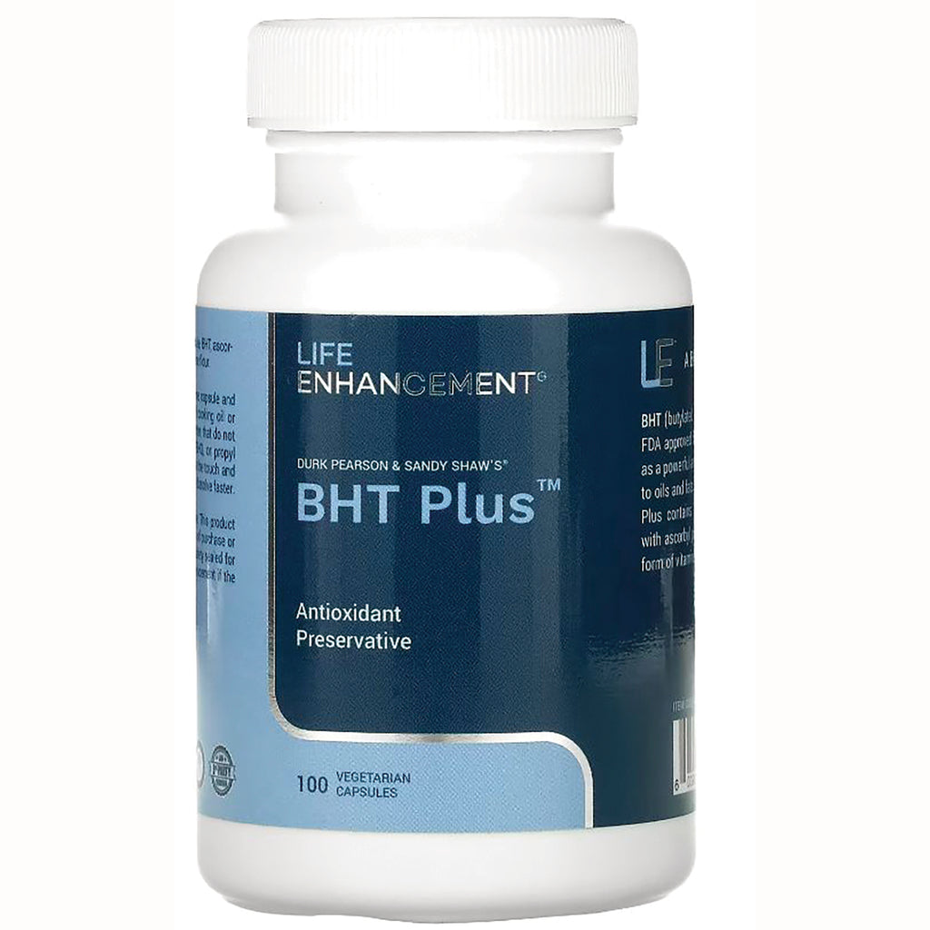 LEN020 | White supplement bottle with blue Life Enhancement label reading BHT Plus Antioxidant Preservative, 100 vegetarian capsules - Thumbnail