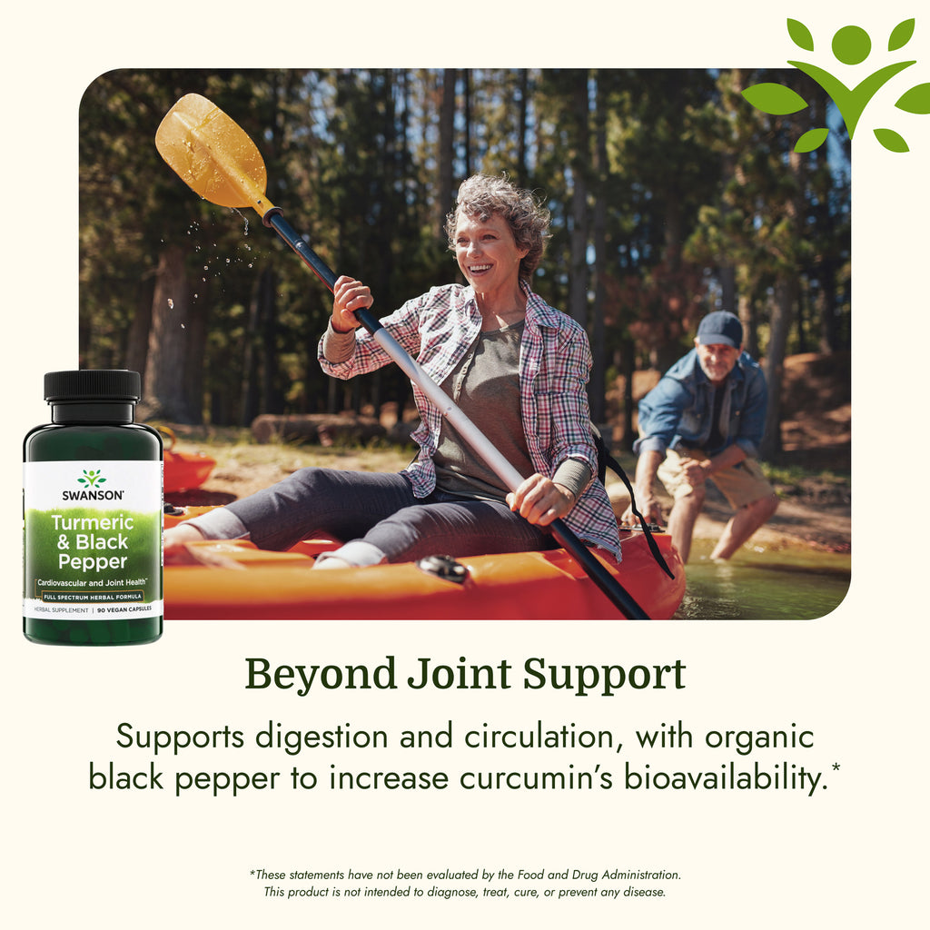 SW1877 | Swanson Turmeric & Black Pepper supplement shown with kayaking lifestyle scene and benefit text - Thumbnail