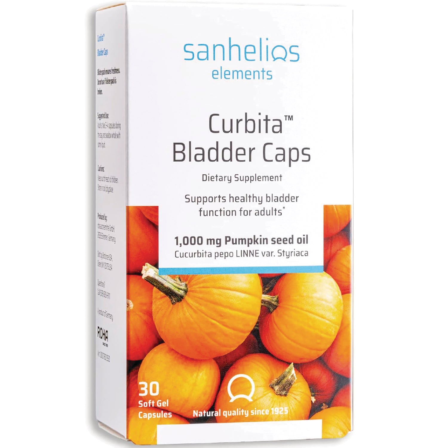 SAN001 | Sanhelios Curbita Bladder Caps box front showing pumpkins and 1,000 mg pumpkin seed oil, 30 soft gel capsules