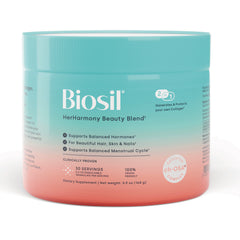 NFC216 | Biosil HerHarmony Beauty Blend teal-to-coral supplement jar front label showing 30 servings
