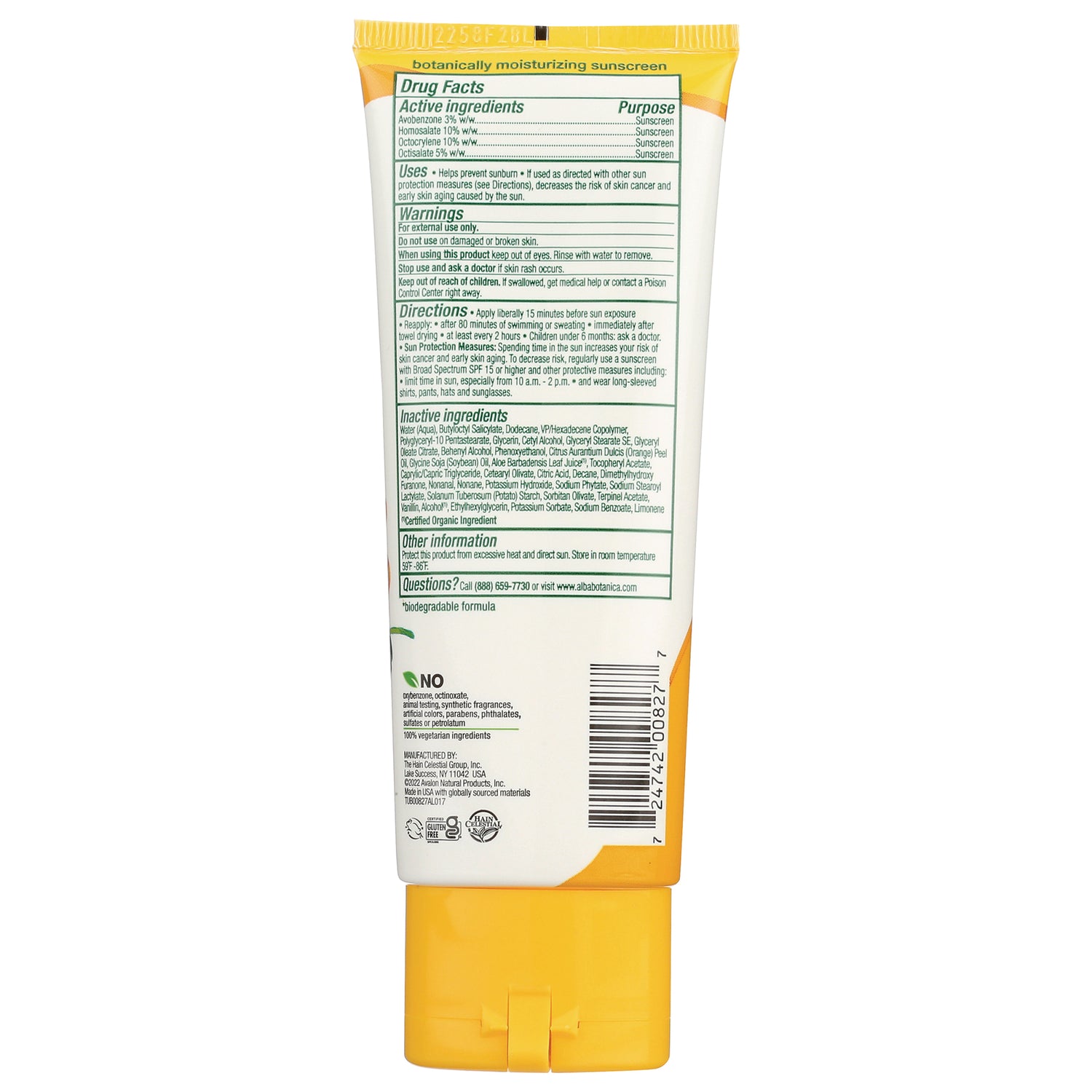 ABA010 | Back of sunscreen tube with yellow cap showing Drug Facts, ingredient list and barcode