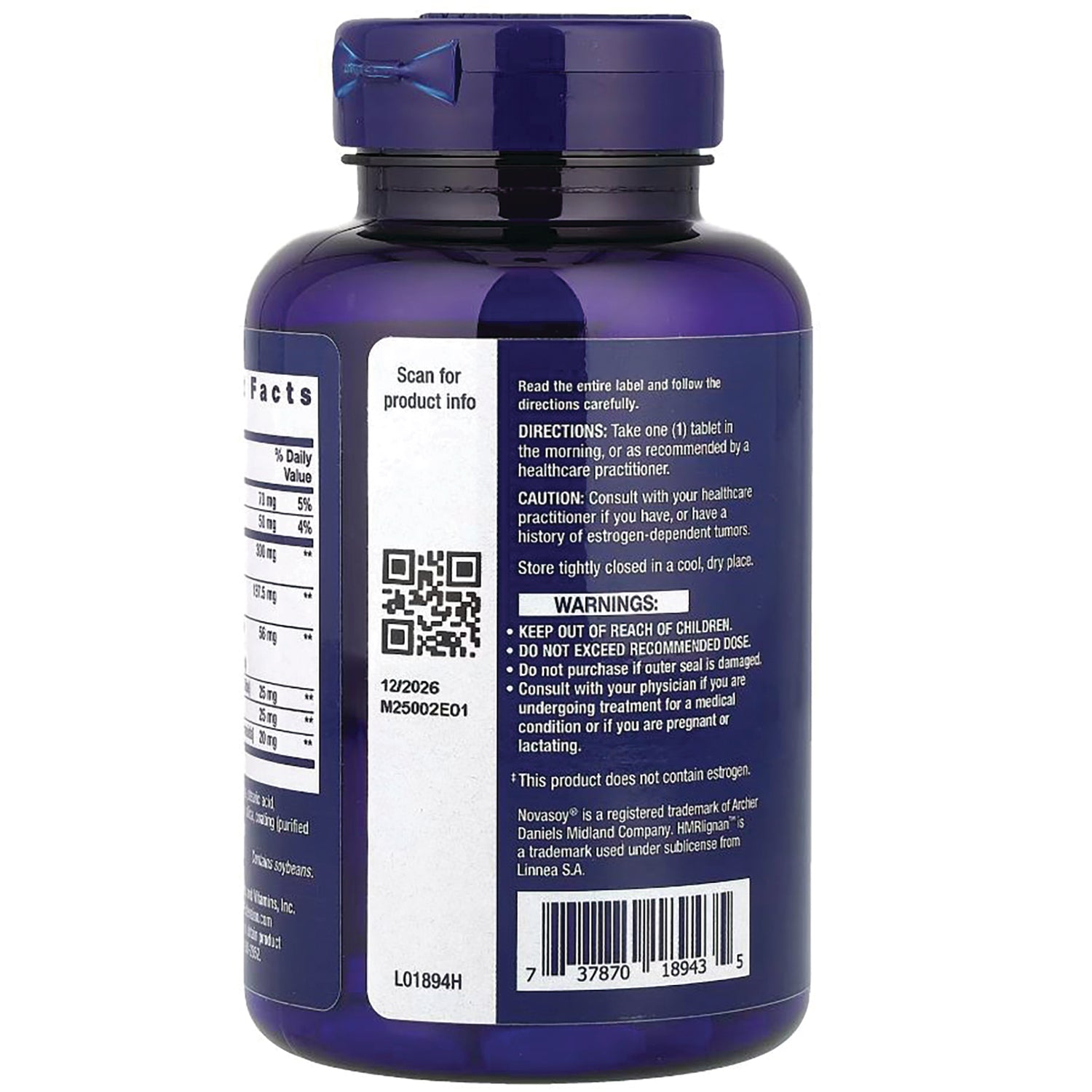 LE447 | Back label of blue supplement bottle showing directions, warnings, QR code and barcode