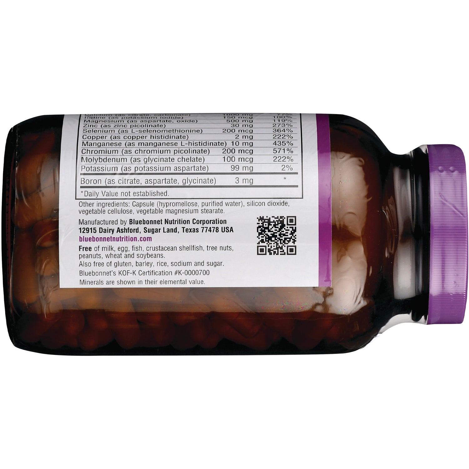 BLU082 | back label showing supplement facts, ingredients and manufacturer info on brown bottle with purple cap