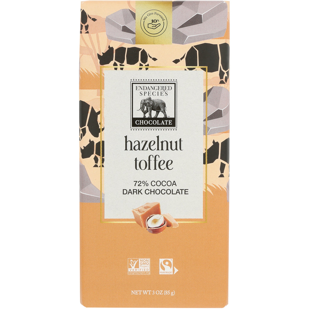 EES004 | Endangered Species Chocolate hazelnut toffee 72% cocoa dark chocolate bar packaging front - Thumbnail