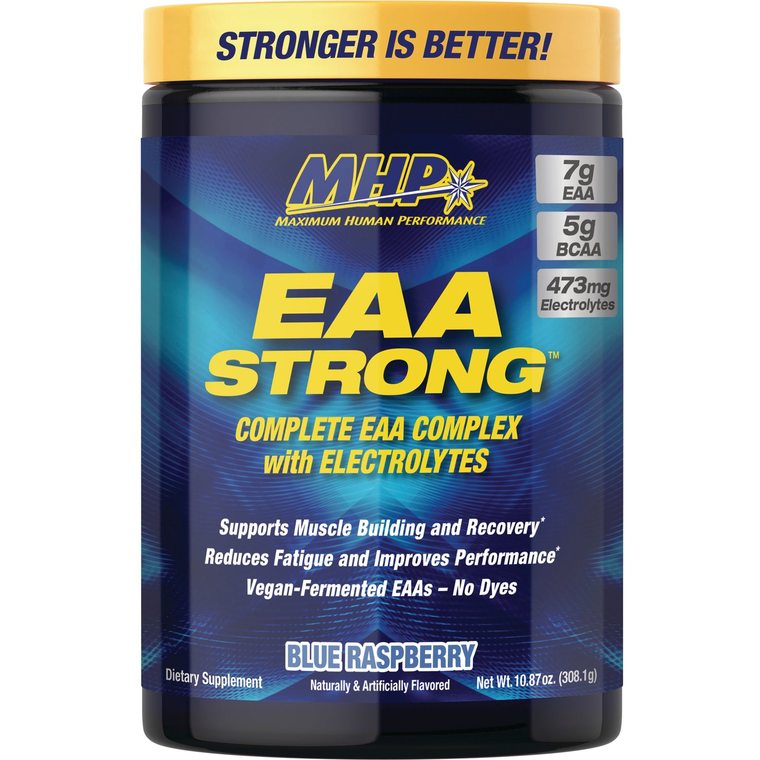 MHP028 | EAA STRONG supplement jar, blue raspberry flavor, front label