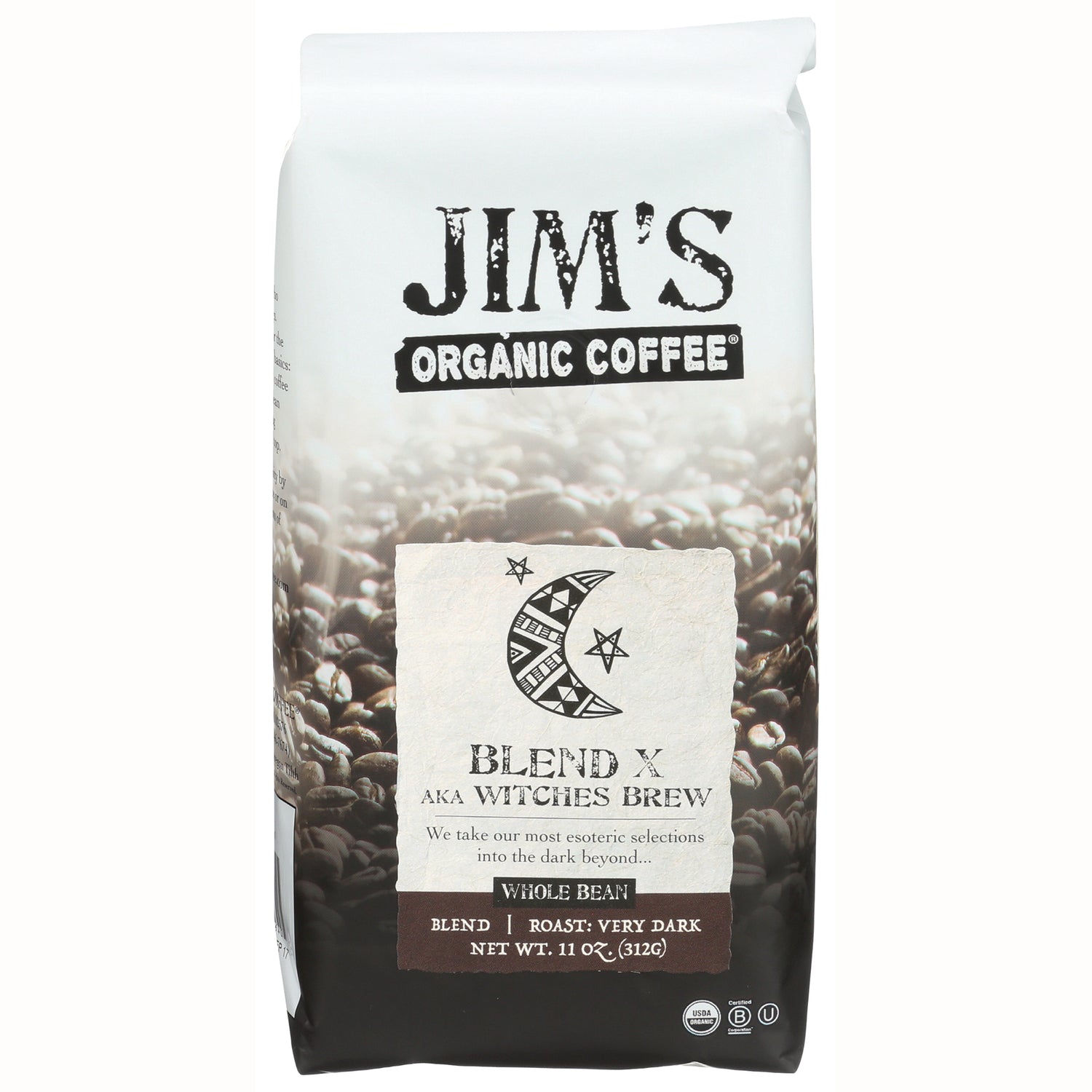 JOC004 | Jim's Organic Coffee Blend X aka Witches Brew whole bean 11 oz bag with moon logo