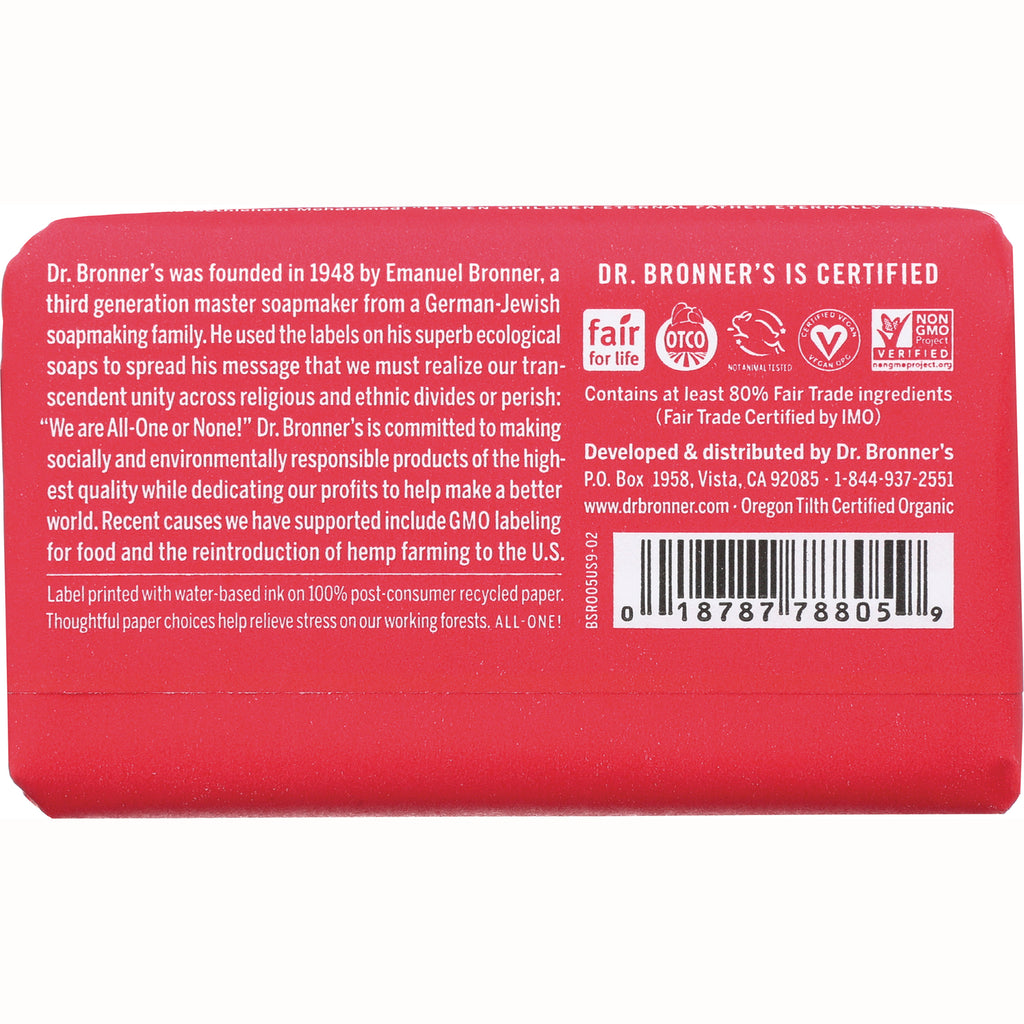DRB019 | red Dr. Bronner's soap back label with product history, certifications and barcode - Thumbnail