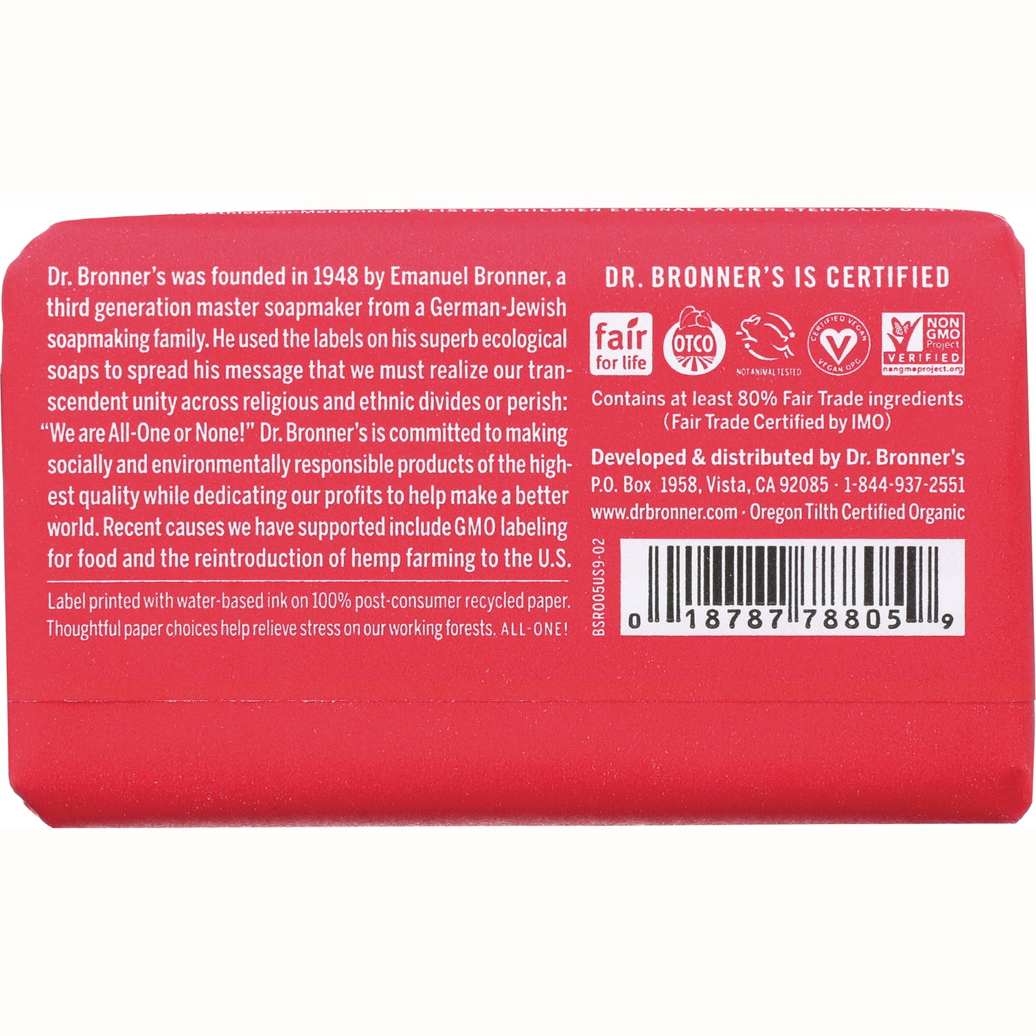 DRB019 | red Dr. Bronner's soap back label with product history, certifications and barcode