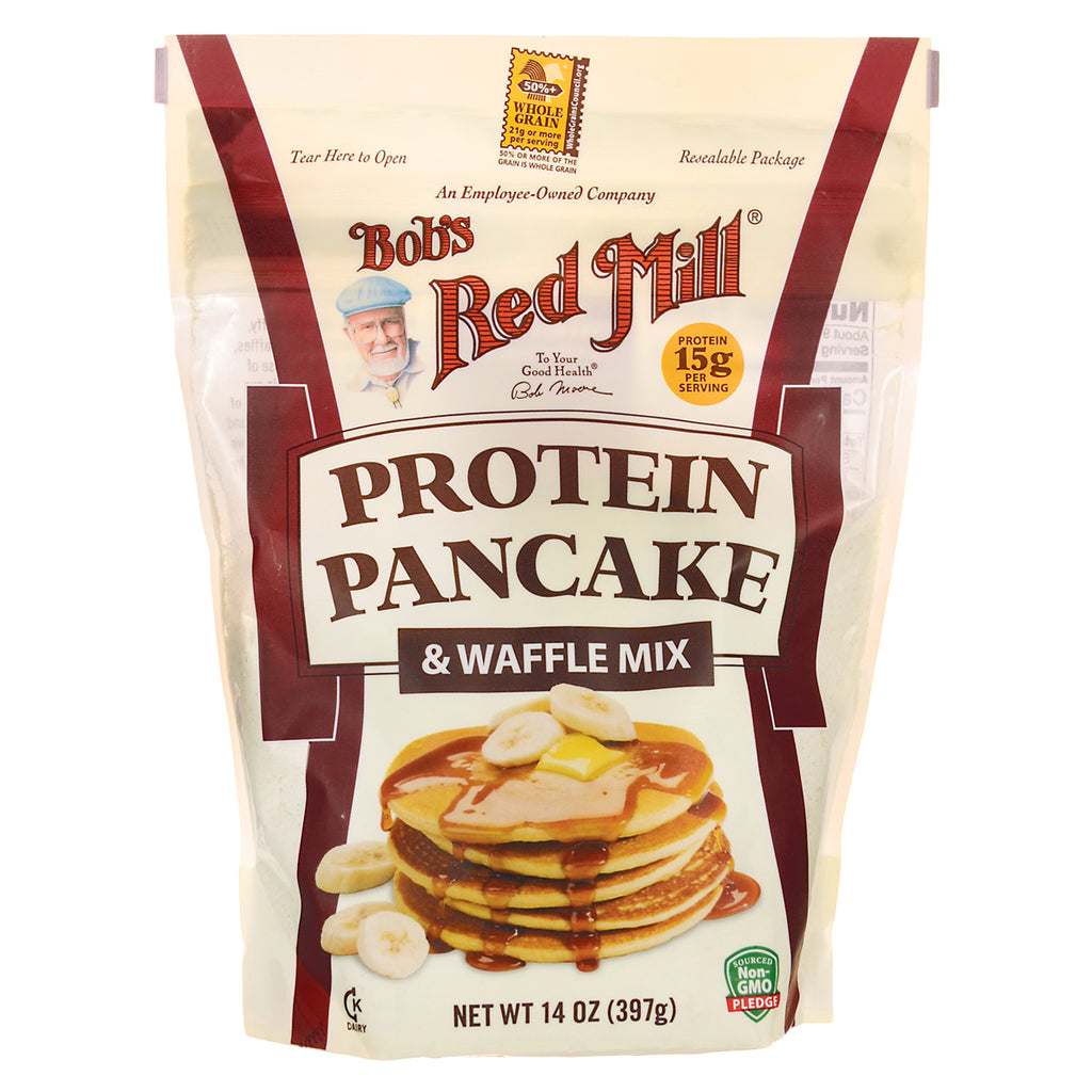 BOB251 | Bob's Red Mill Protein Pancake & Waffle Mix package front with stack of banana pancakes and protein 15g badge - Thumbnail