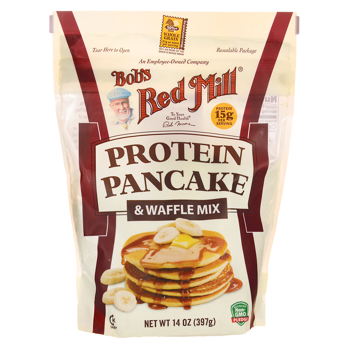 BOB251 | Bob's Red Mill Protein Pancake & Waffle Mix package front with stack of banana pancakes and protein 15g badge