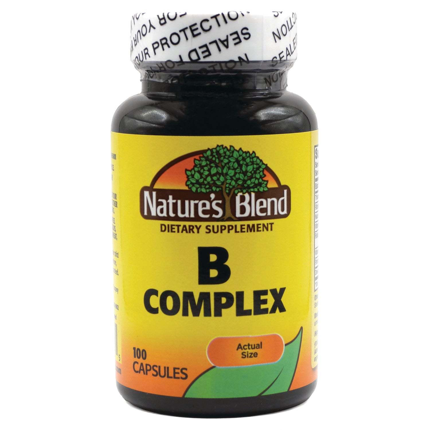 NAB126 | Nature's Blend B Complex dietary supplement bottle, yellow label reading 100 capsules and Actual Size
