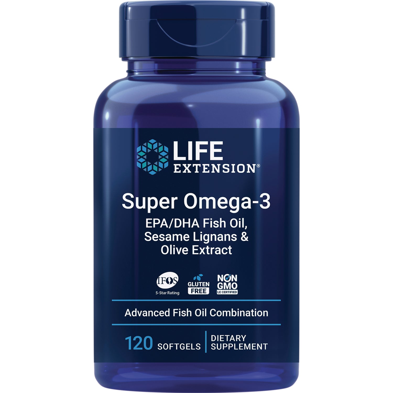 LE313 | Blue Life Extension Super Omega-3 bottle labeled EPA/DHA fish oil, sesame lignans & olive extract, 120 softgels