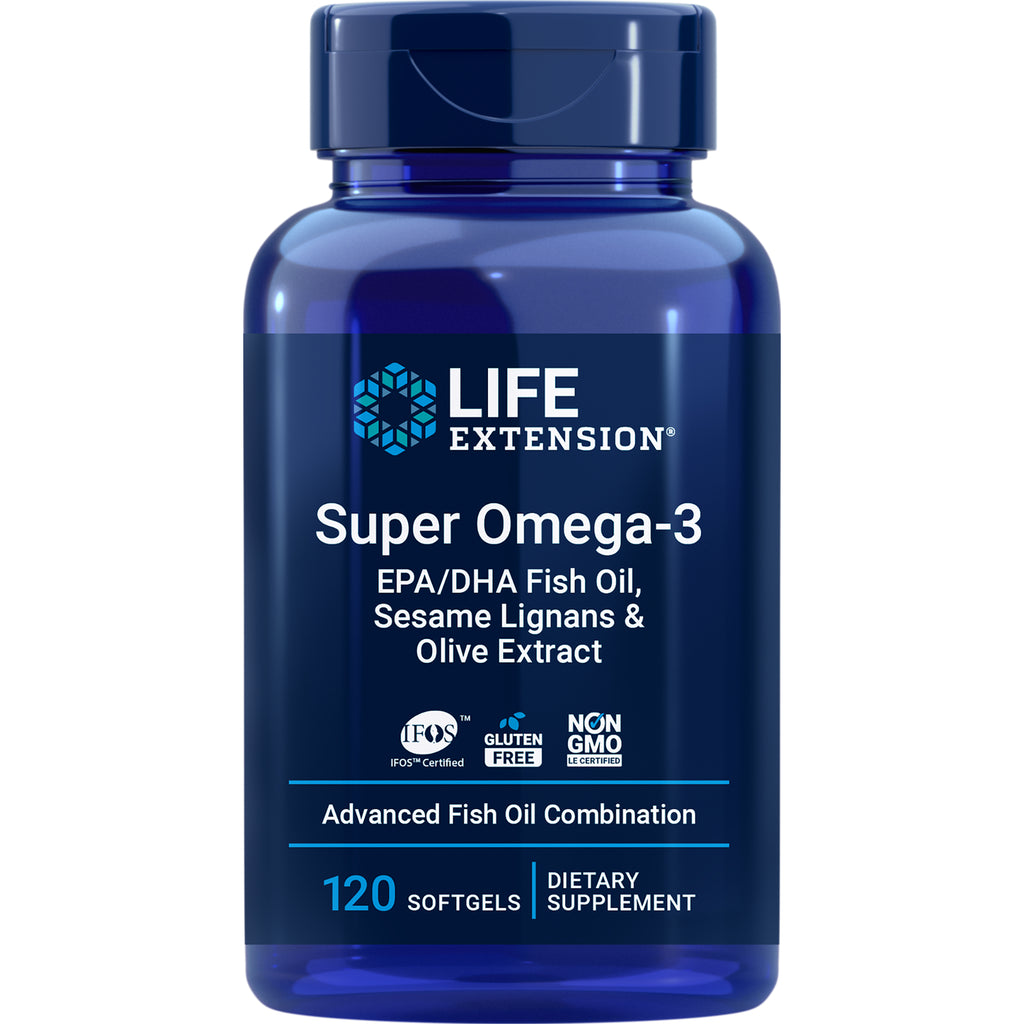 LE313 | Blue Life Extension Super Omega-3 bottle labeled EPA/DHA fish oil, sesame lignans & olive extract, 120 softgels - Thumbnail
