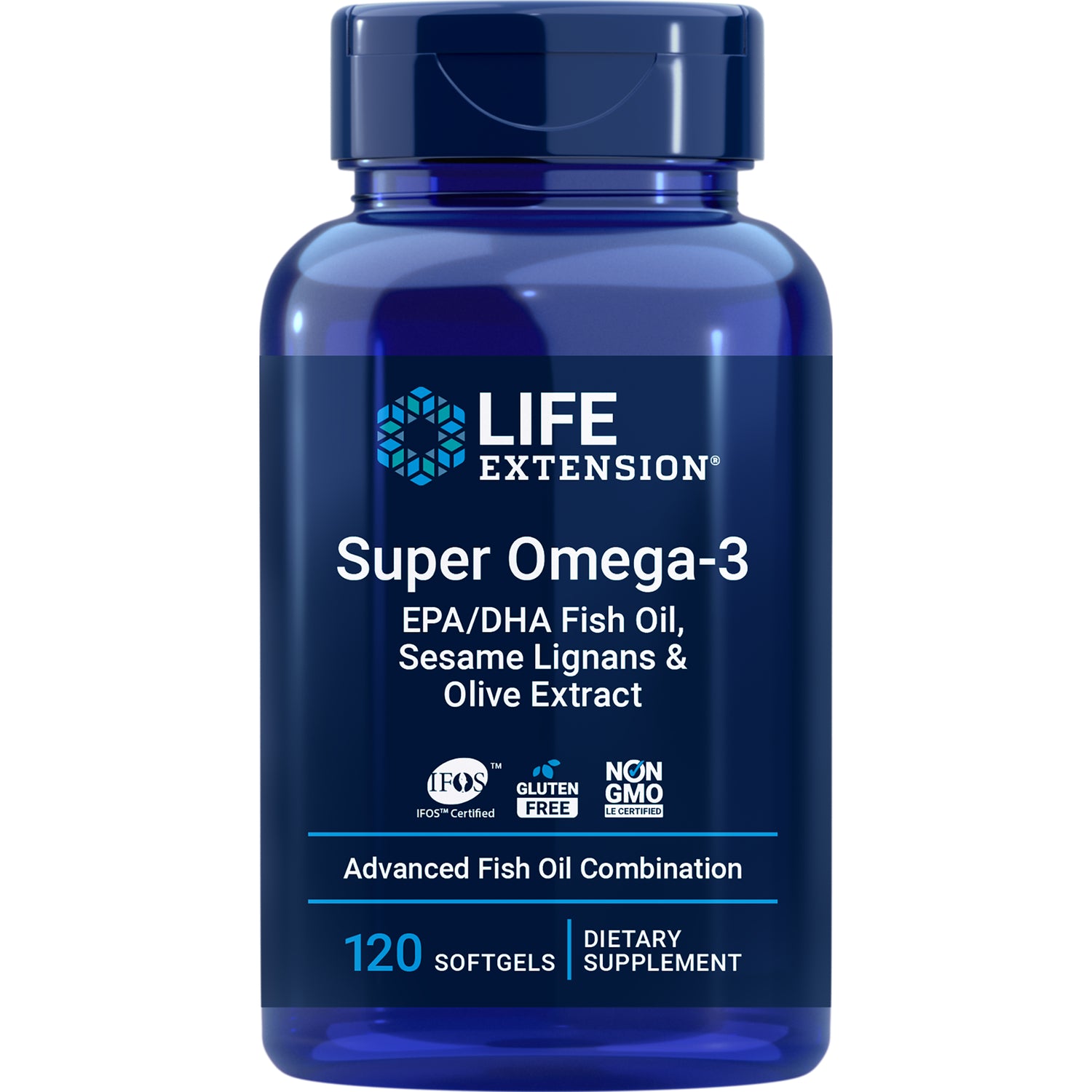 LE313 | Blue Life Extension Super Omega-3 bottle labeled EPA/DHA fish oil, sesame lignans & olive extract, 120 softgels