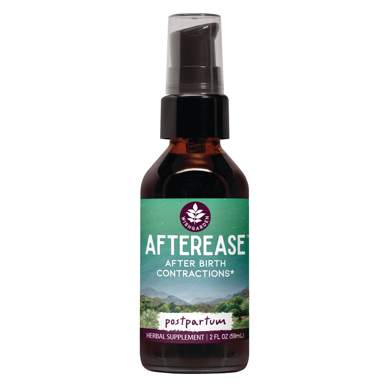 WGH001 | AfterEase postpartum herbal supplement, 2 fl oz bottle front; text: After Birth Contractions